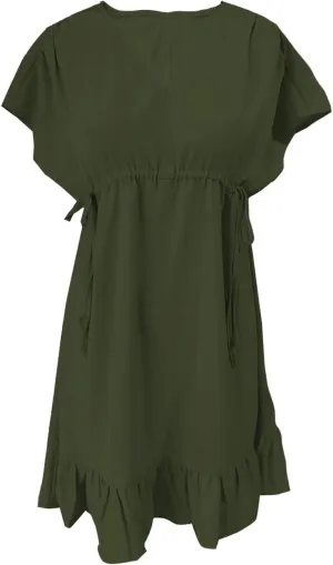 Firzero Women's Summer Dresses Drawstring V Neck Short Sleeve Ruffle Hem a Line Short Dress Casual Vacation Mini Beach Dress