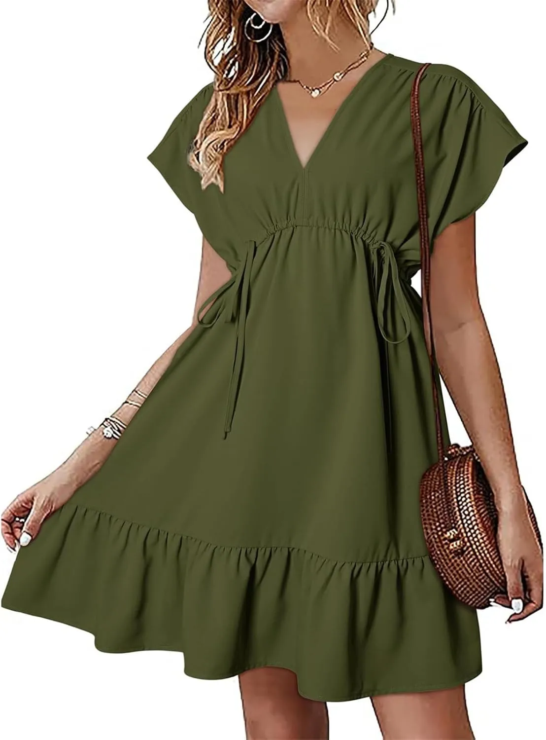 Firzero Women's Summer Dresses Drawstring V Neck Short Sleeve Ruffle Hem a Line Short Dress Casual Vacation Mini Beach Dress