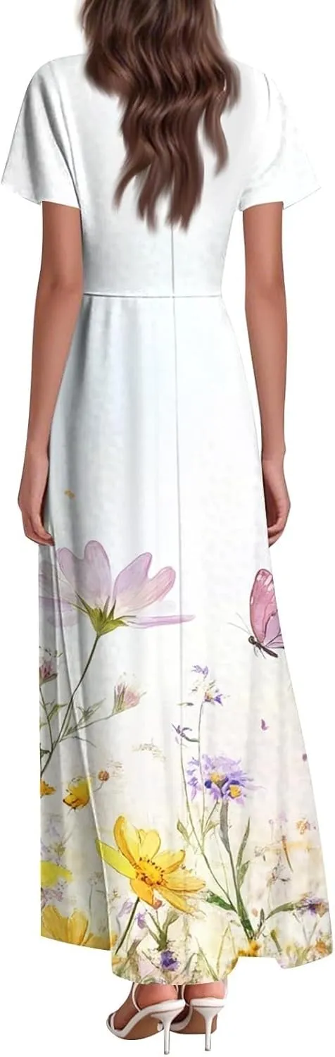 Floral Maxi Dresses for Women 2025 Summer Casual Ruffle Sleeve V Neck Chiffon Dress Flowy Swing Boho Beach Sundresses