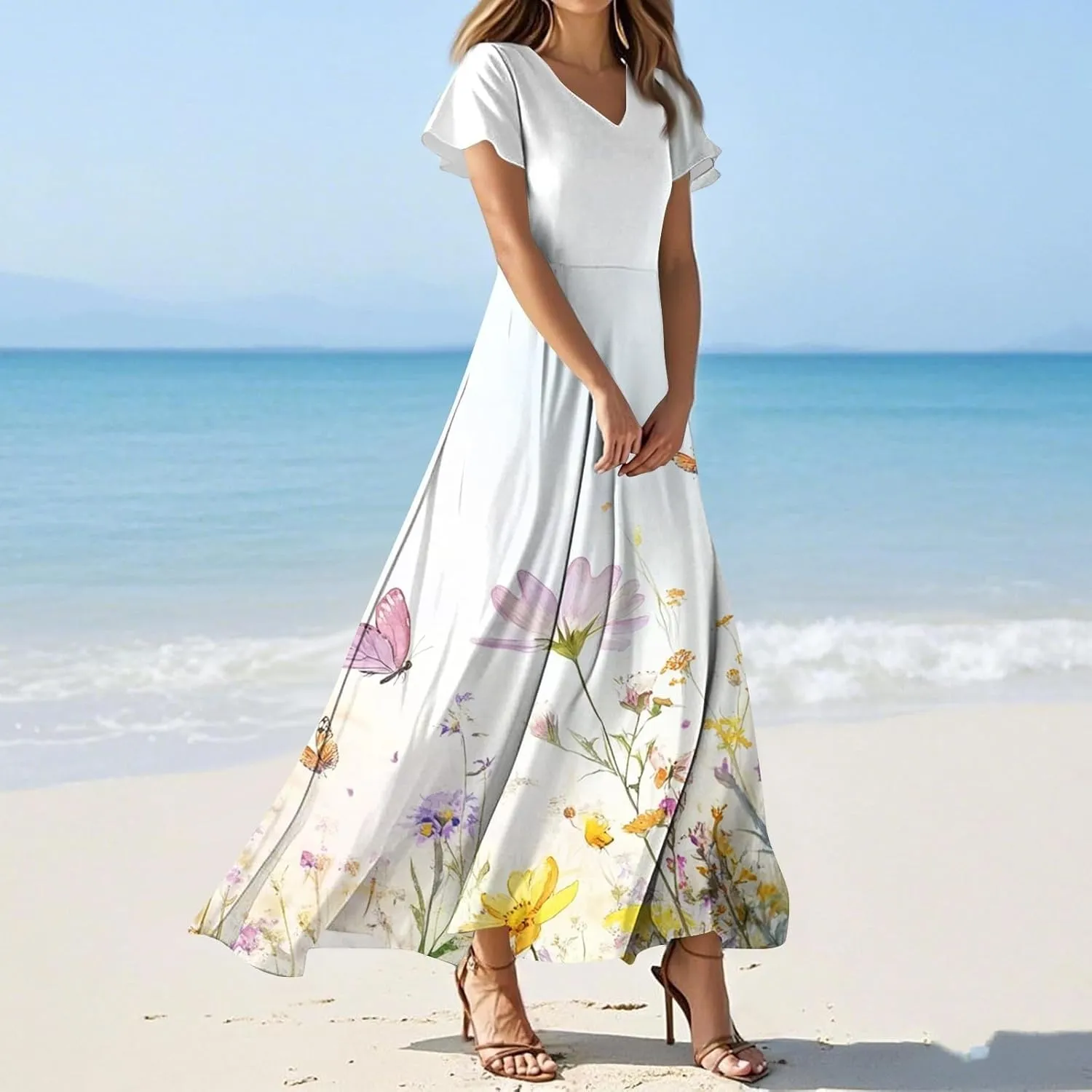 Floral Maxi Dresses for Women 2025 Summer Casual Ruffle Sleeve V Neck Chiffon Dress Flowy Swing Boho Beach Sundresses