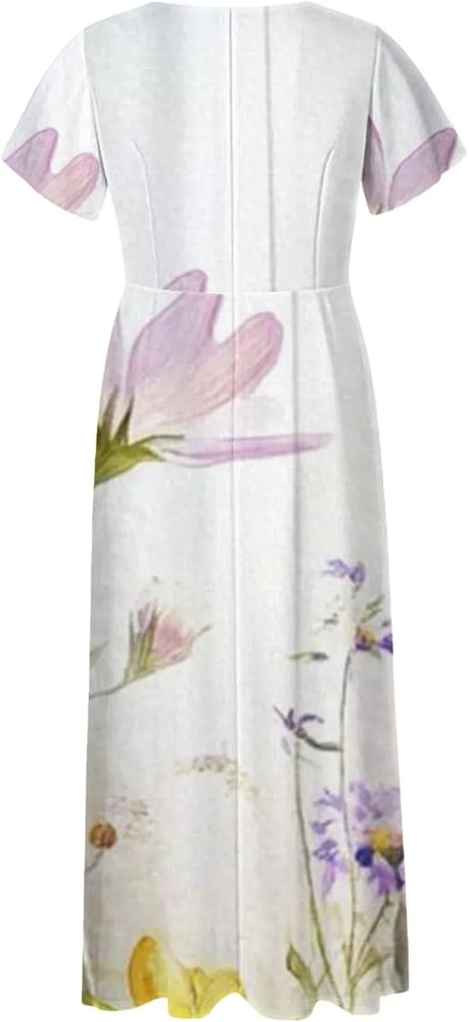 Floral Maxi Dresses for Women 2025 Summer Casual Ruffle Sleeve V Neck Chiffon Dress Flowy Swing Boho Beach Sundresses