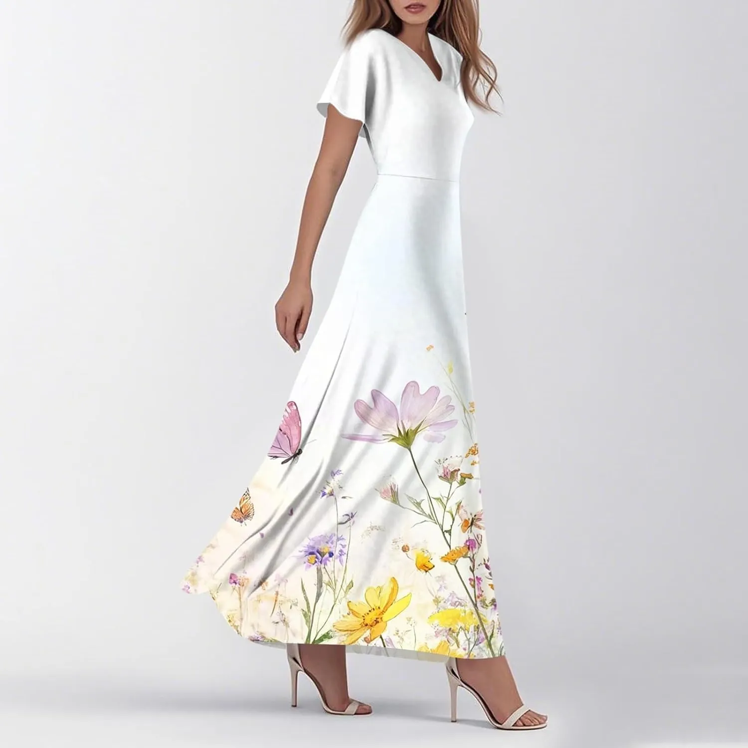 Floral Maxi Dresses for Women 2025 Summer Casual Ruffle Sleeve V Neck Chiffon Dress Flowy Swing Boho Beach Sundresses
