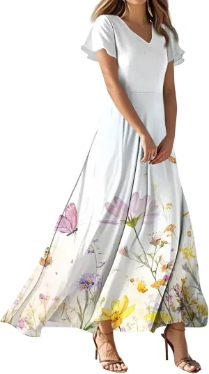 Floral Maxi Dresses for Women 2025 Summer Casual Ruffle Sleeve V Neck Chiffon Dress Flowy Swing Boho Beach Sundresses