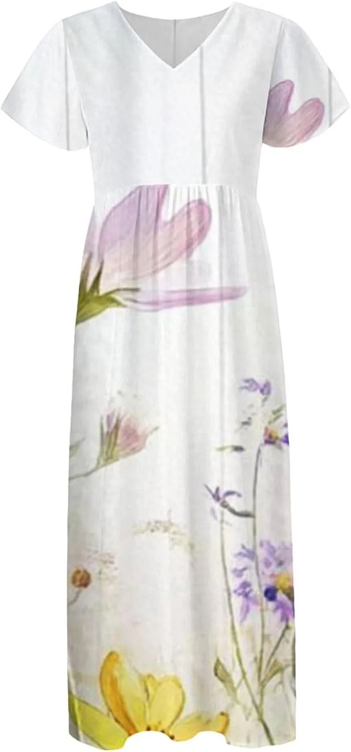 Floral Maxi Dresses for Women 2025 Summer Casual Ruffle Sleeve V Neck Chiffon Dress Flowy Swing Boho Beach Sundresses