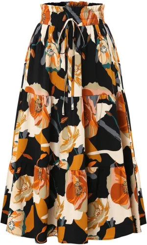 Floral Maxi Skirt for Women Casual Elegant Drawstring Waist Church A Line Skirts Flowy Long Wedding Guest Skorts