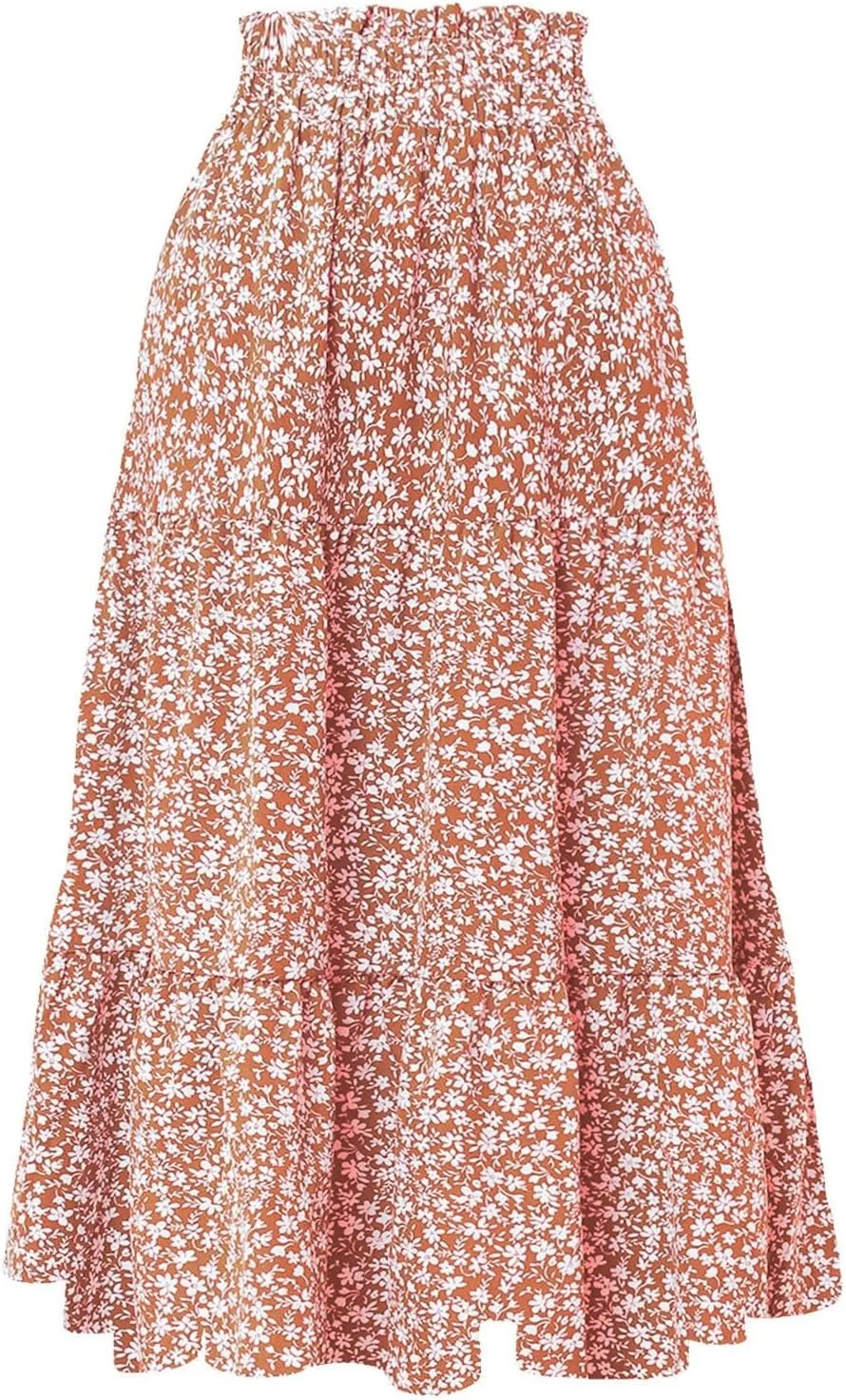 Floral Maxi Skirt for Women Summer Casual Tiered Elastic High Waisted Skirts Comfy Vacation Flowy Swing Long Skirts