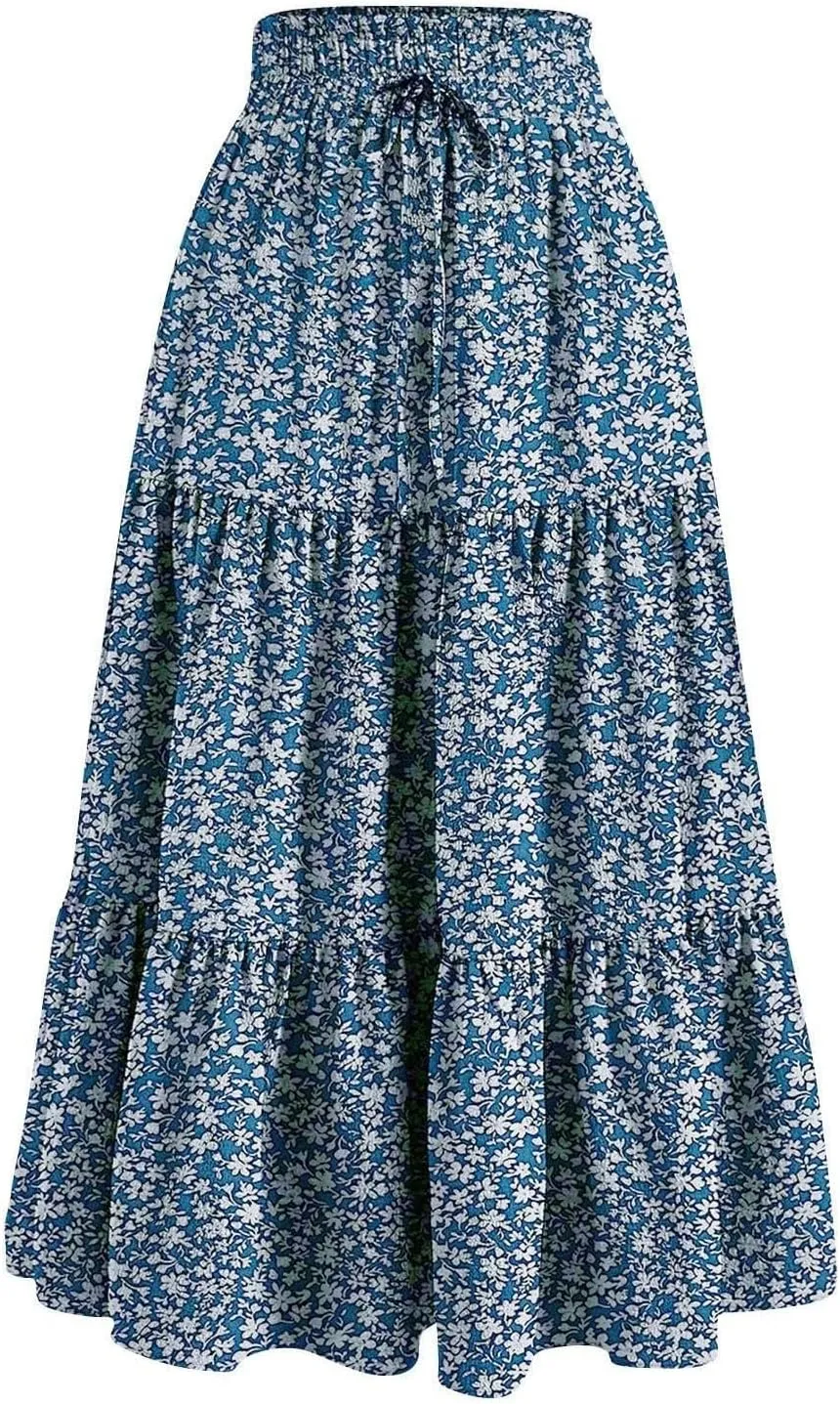 Floral Maxi Skirt for Women Summer Casual Tiered Elastic High Waisted Skirts Comfy Vacation Flowy Swing Long Skirts