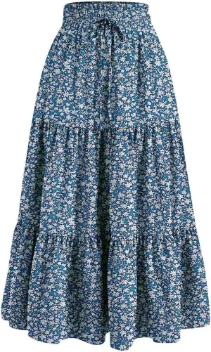 Floral Maxi Skirt for Women Summer Casual Tiered Elastic High Waisted Skirts Comfy Vacation Flowy Swing Long Skirts