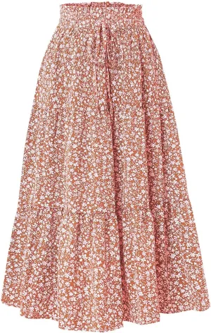 Floral Maxi Skirt for Women Summer Casual Tiered Elastic High Waisted Skirts Comfy Vacation Flowy Swing Long Skirts
