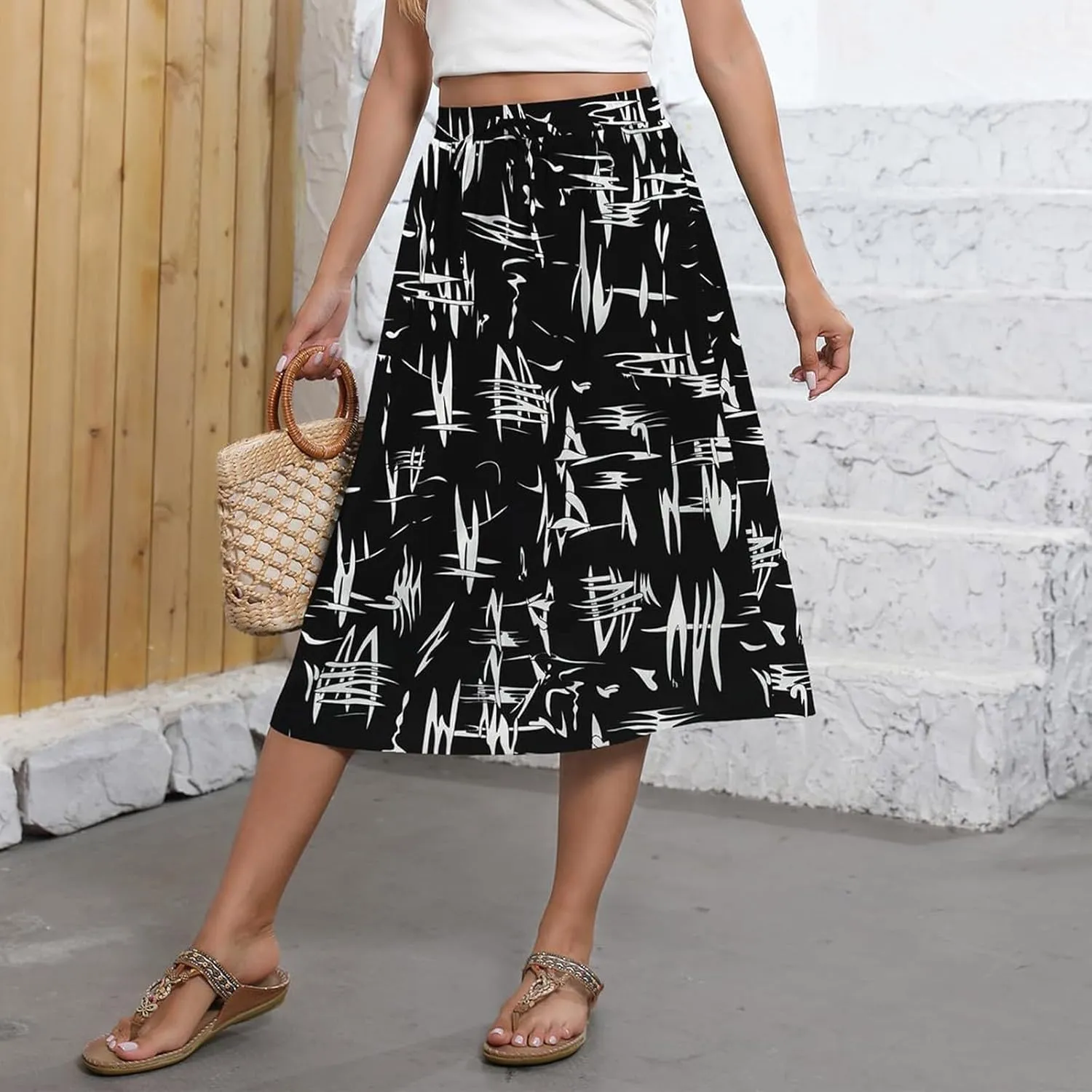 Floral Midi Skirt for Women Casual Drawstring Waist A-Line Skirts with Pockets Flowy Vintage Pleated Midi Skirts