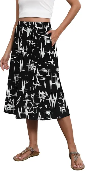 Floral Midi Skirt for Women Casual Drawstring Waist A-Line Skirts with Pockets Flowy Vintage Pleated Midi Skirts