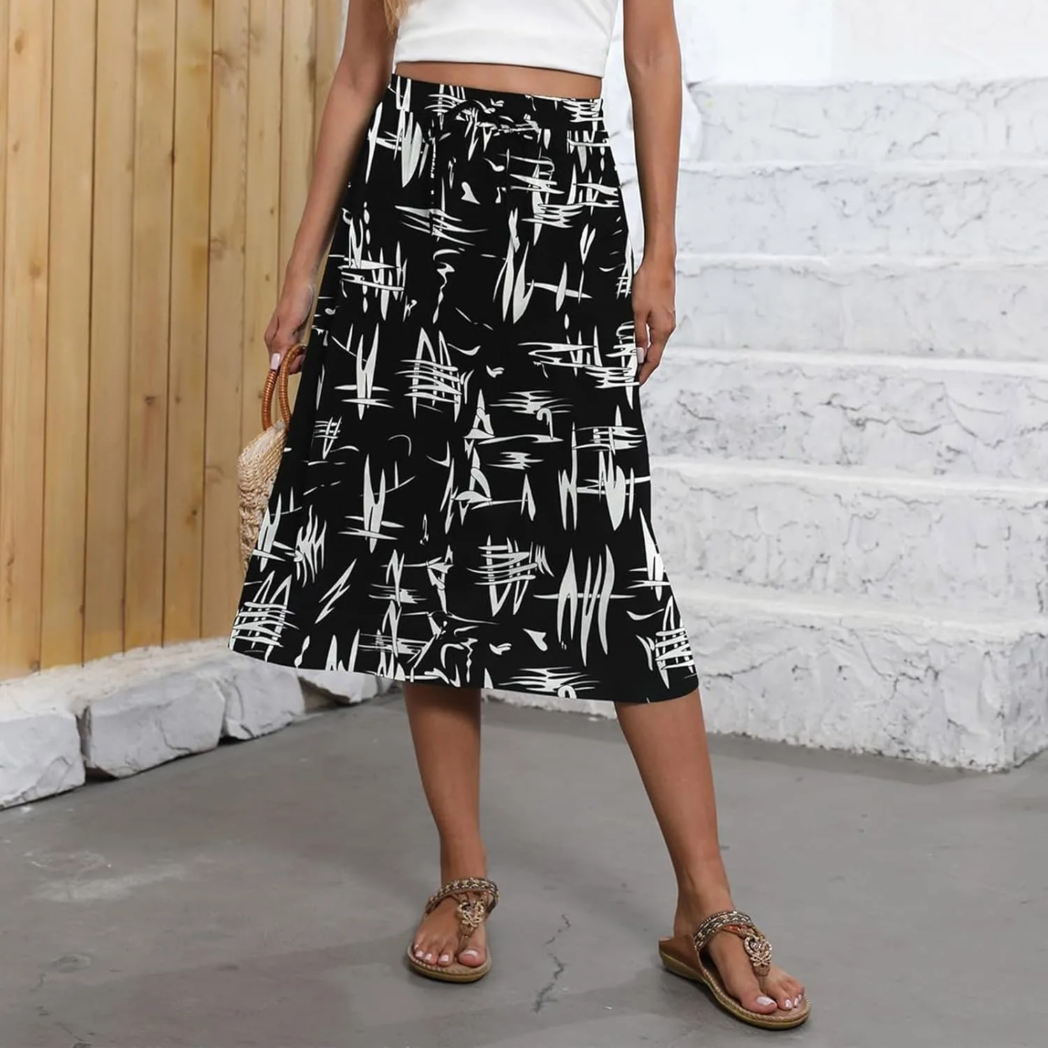 Floral Midi Skirt for Women Casual Drawstring Waist A-Line Skirts with Pockets Flowy Vintage Pleated Midi Skirts