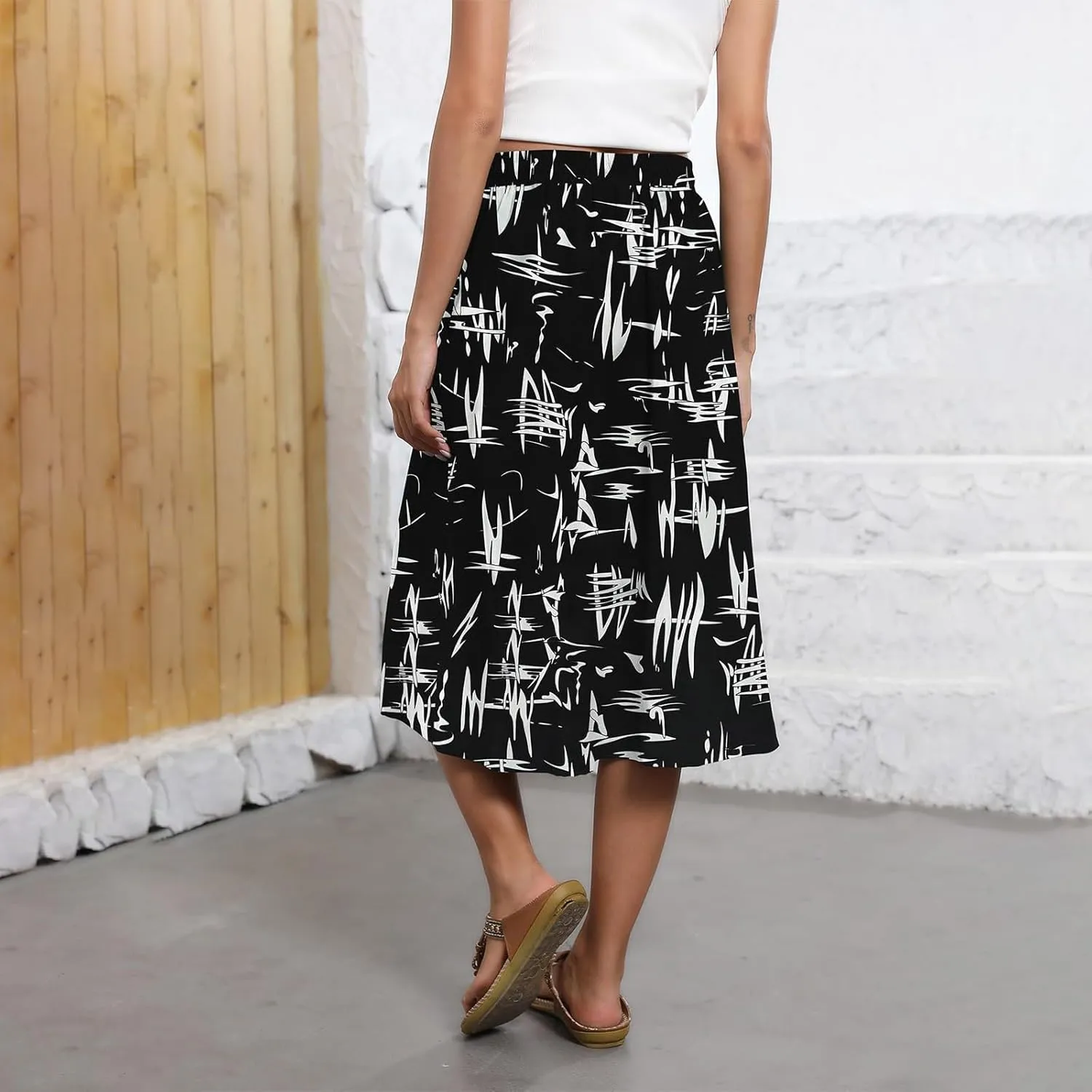 Floral Midi Skirt for Women Casual Drawstring Waist A-Line Skirts with Pockets Flowy Vintage Pleated Midi Skirts