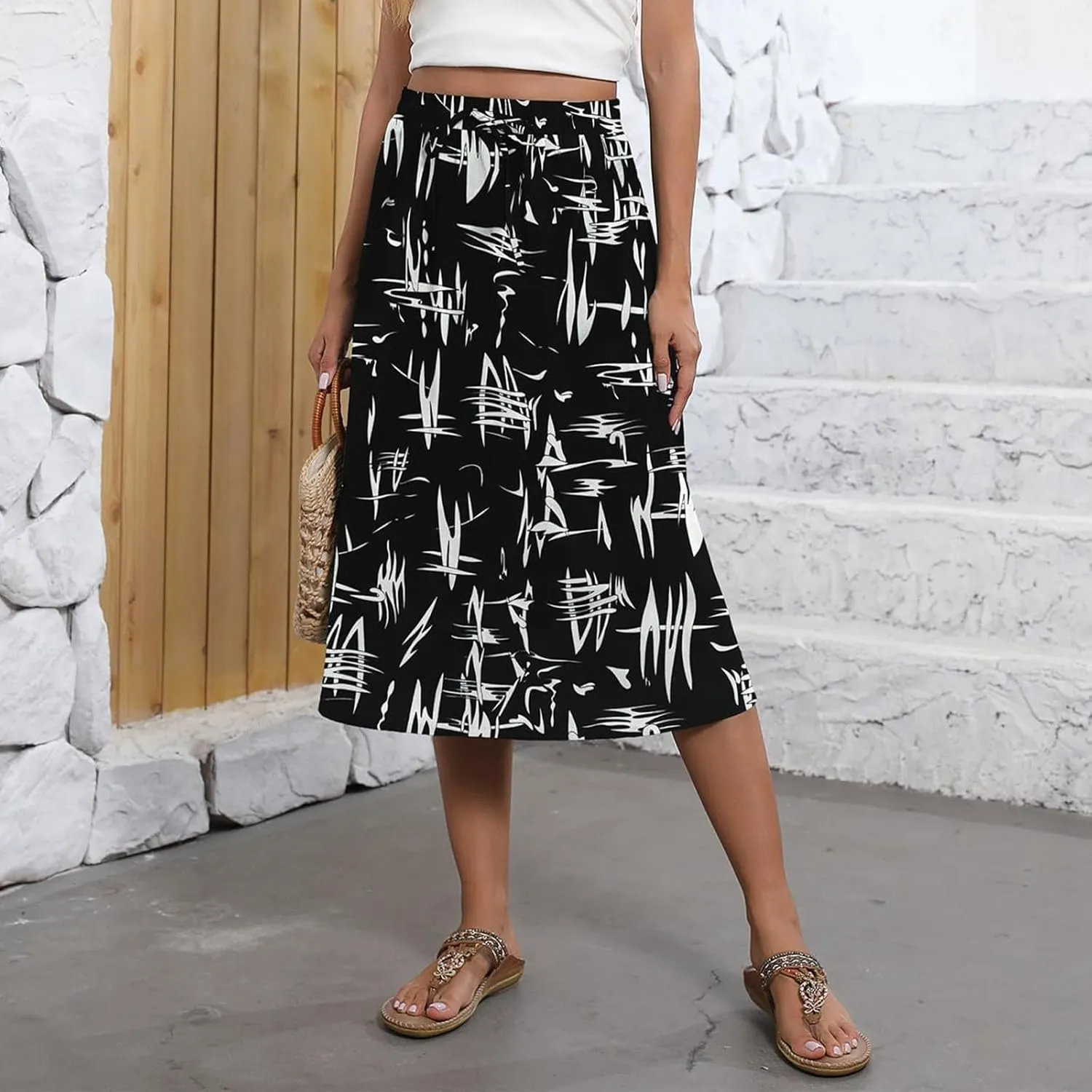 Floral Midi Skirt for Women Casual Drawstring Waist A-Line Skirts with Pockets Flowy Vintage Pleated Midi Skirts