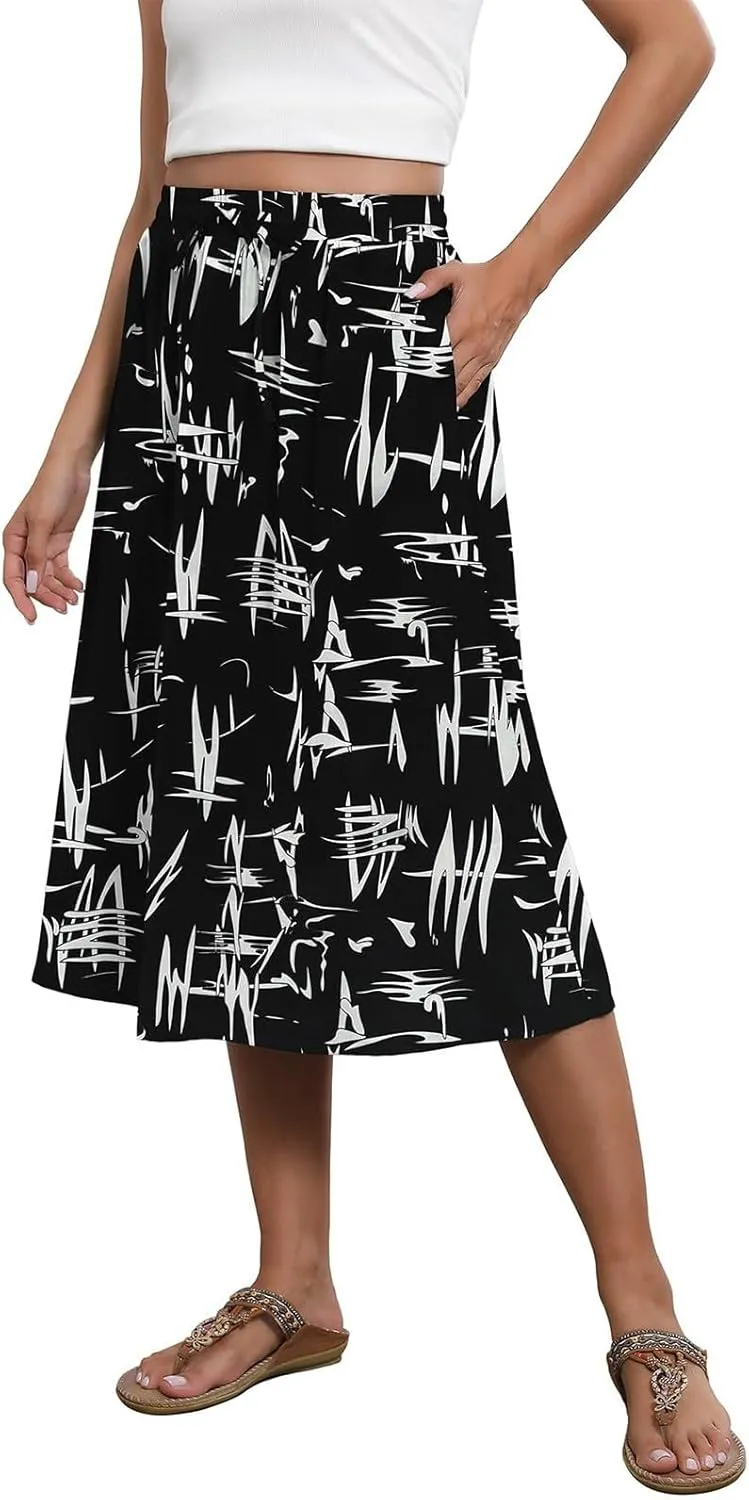 Floral Midi Skirt for Women Casual Drawstring Waist A-Line Skirts with Pockets Flowy Vintage Pleated Midi Skirts