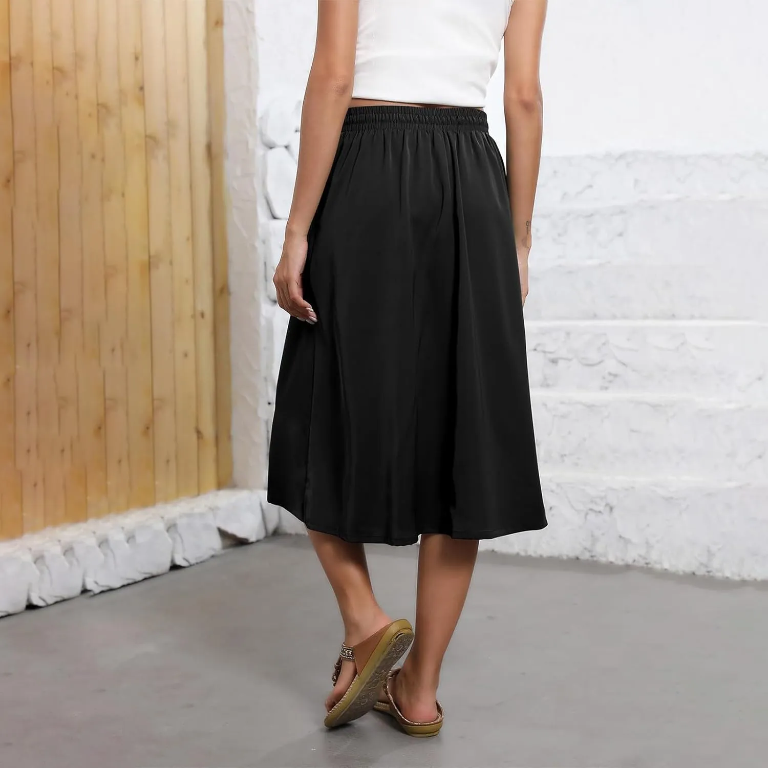Floral Midi Skirts for Women Summer Casual Loose Flowy Boho Skirt Knee Length Beach Vacation Outfits with Pockets