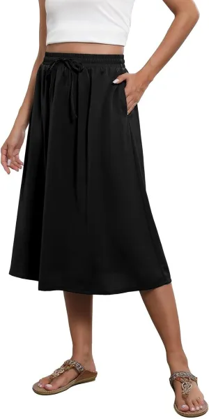 Floral Midi Skirts for Women Summer Casual Loose Flowy Boho Skirt Knee Length Beach Vacation Outfits with Pockets