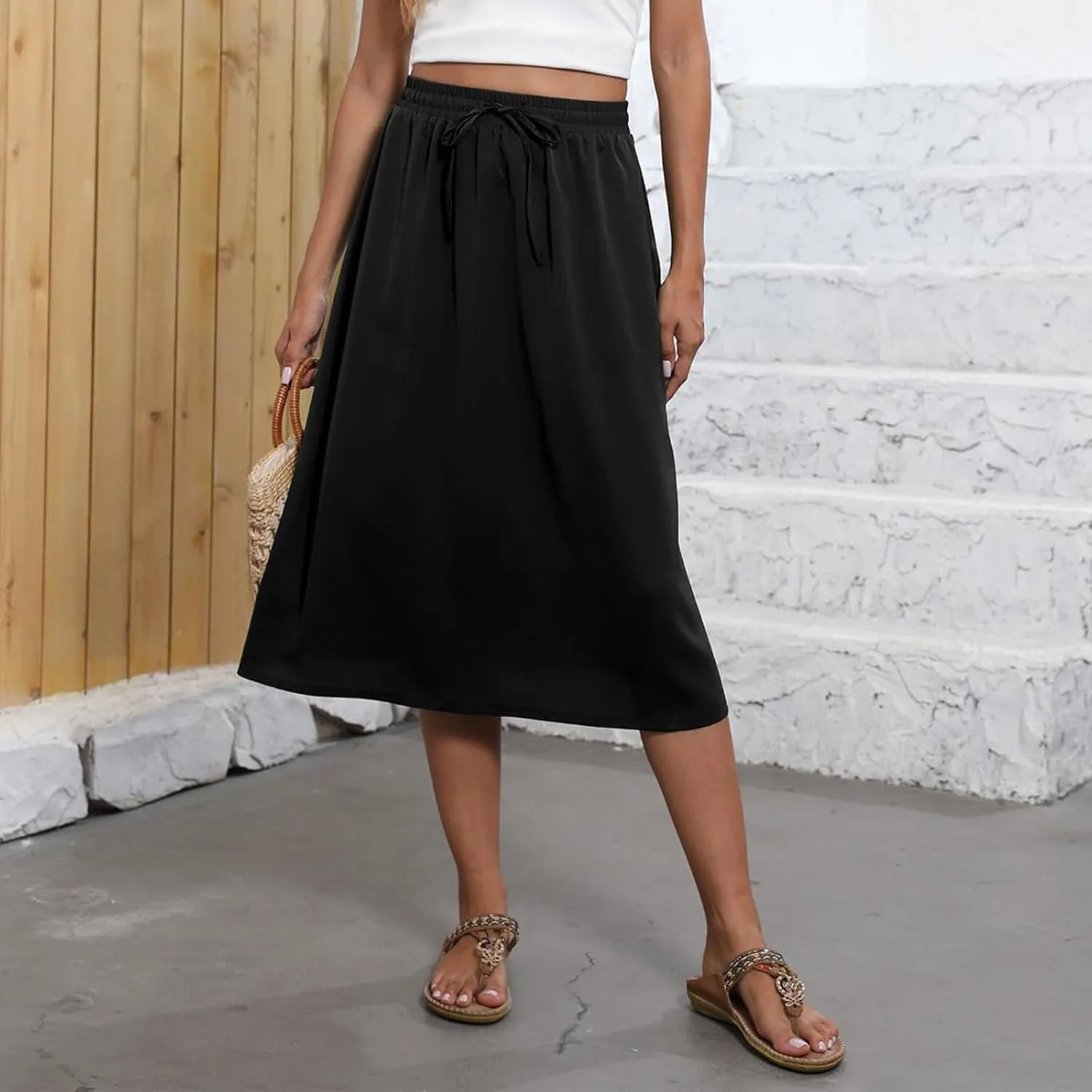 Floral Midi Skirts for Women Summer Casual Loose Flowy Boho Skirt Knee Length Beach Vacation Outfits with Pockets