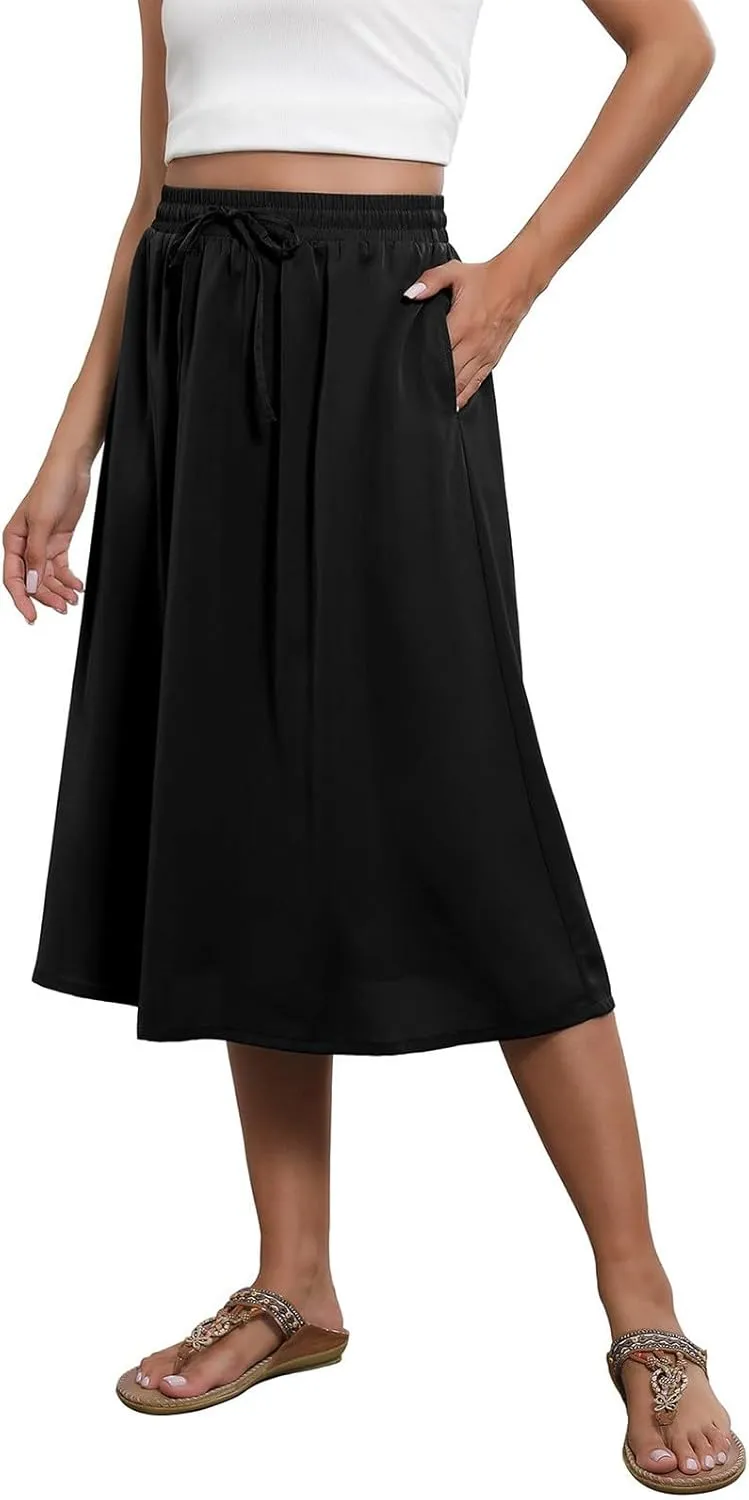 Floral Midi Skirts for Women Summer Casual Loose Flowy Boho Skirt Knee Length Beach Vacation Outfits with Pockets