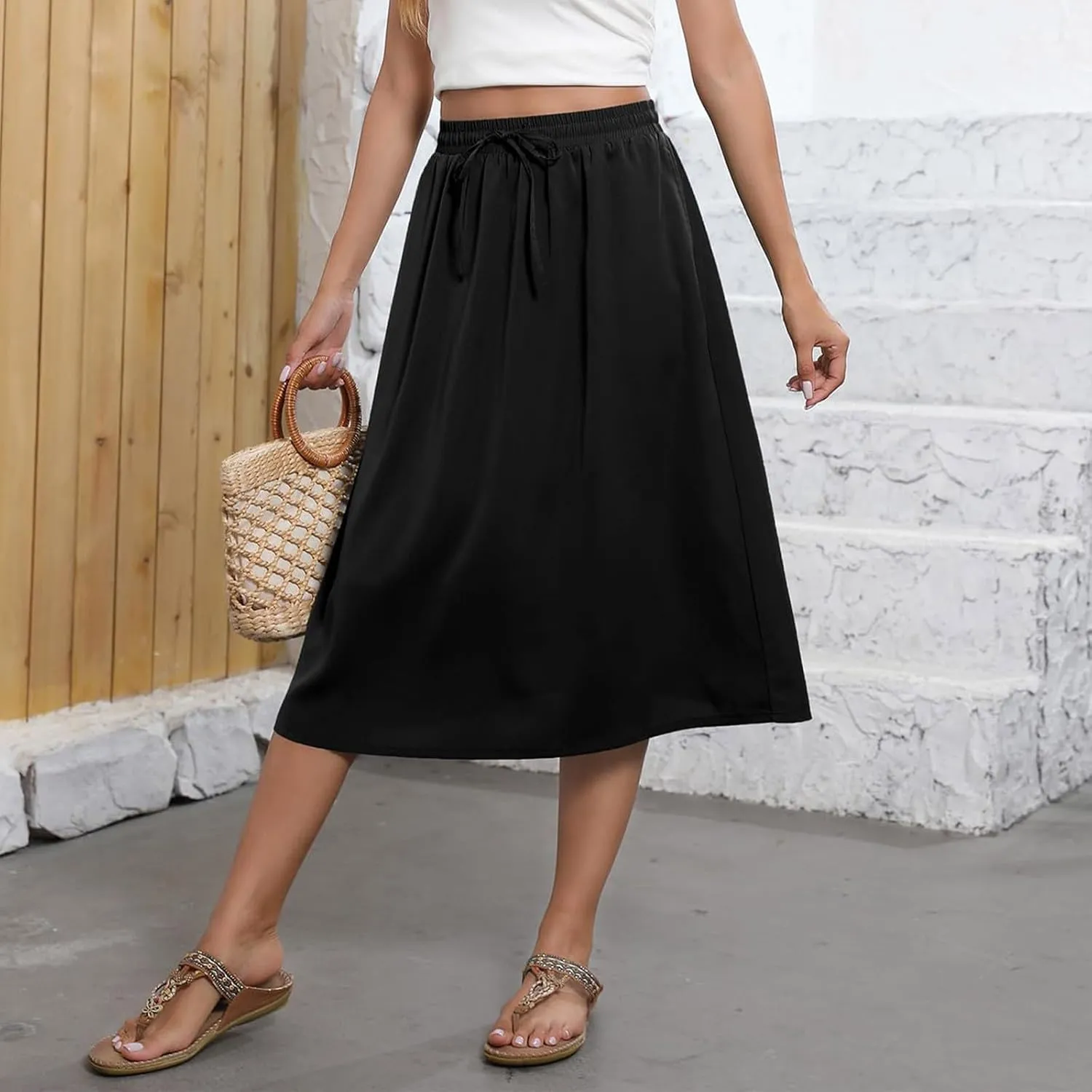 Floral Midi Skirts for Women Summer Casual Loose Flowy Boho Skirt Knee Length Beach Vacation Outfits with Pockets