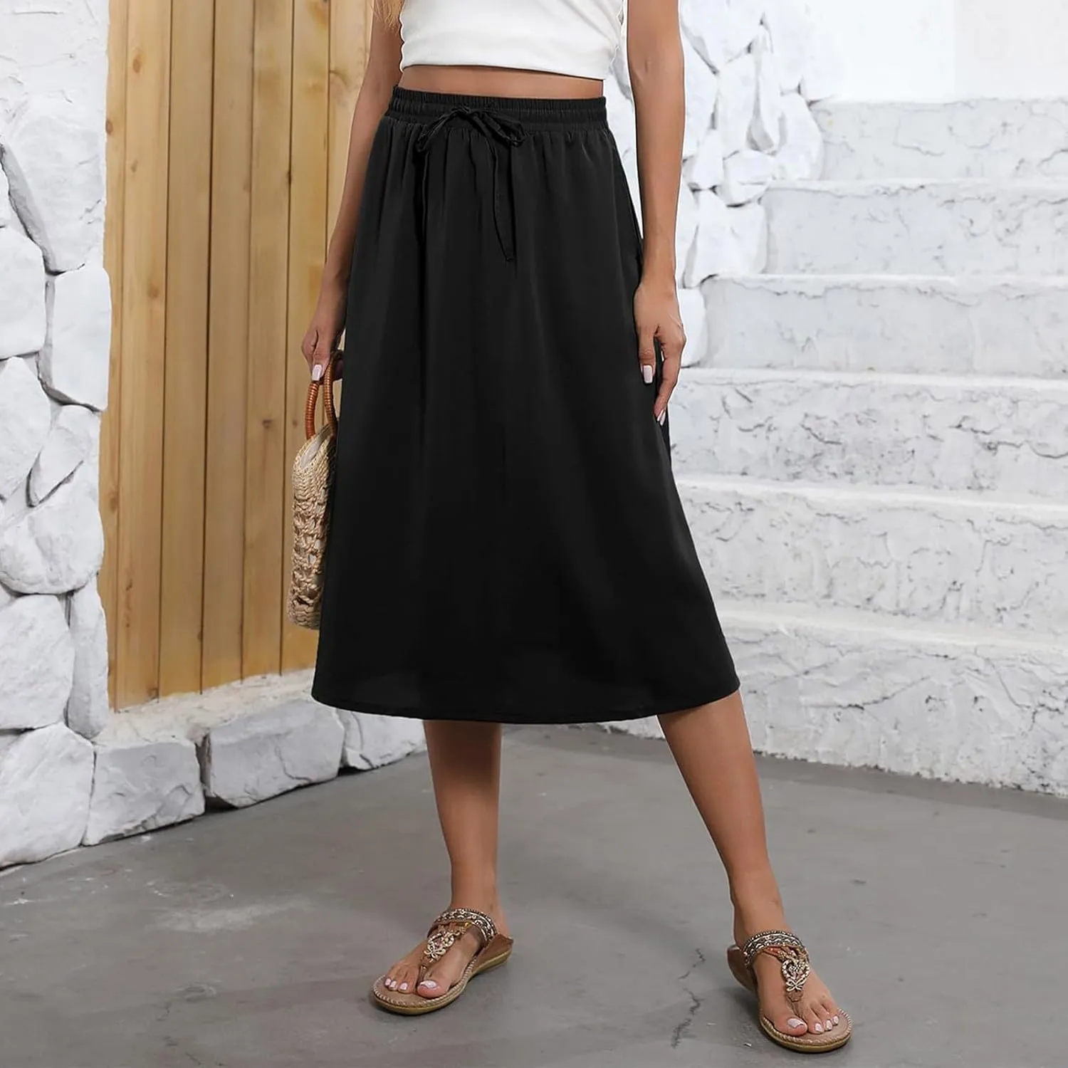 Floral Midi Skirts for Women Summer Casual Loose Flowy Boho Skirt Knee Length Beach Vacation Outfits with Pockets