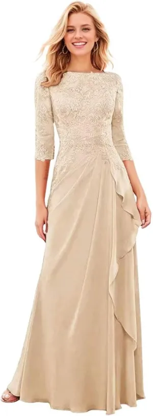Floral Mother of The Bride Dresses for Wedding 3/4 Sleeves Lace Chiffon Ruffles Formal Dress for Women 2024