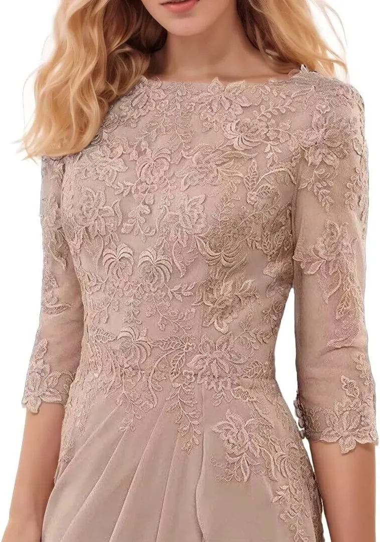 Floral Mother of The Bride Dresses for Wedding 3/4 Sleeves Lace Chiffon Ruffles Formal Dress for Women 2024