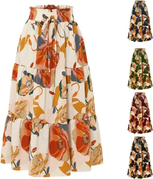 Floral Skirt for Women 2025 Ruffle Summer Maxi Skirts High Waisted Elastic Flowy Pleated Dresses Holiday Clothing