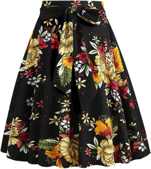 Floral Skirt Midi for Women Vintage Floral Print Bohemian Skirts Summer Causal Boho Waist Tie Pleated Ruffle Skirts