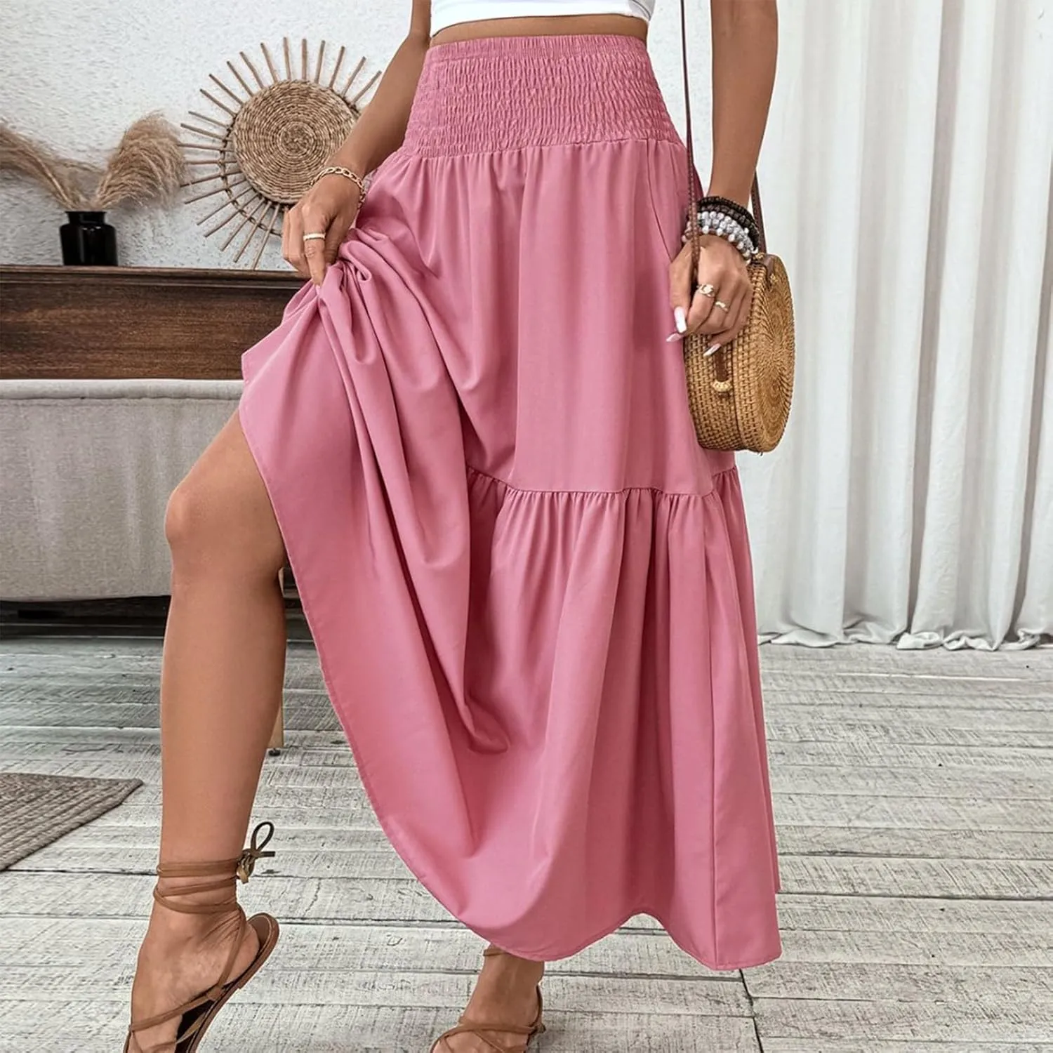 Floral Skirts for Women Summer Loose Casual Trendy Solid Elastic Waist Lightweight Boho Flowy Maxi Skirt, S-XL