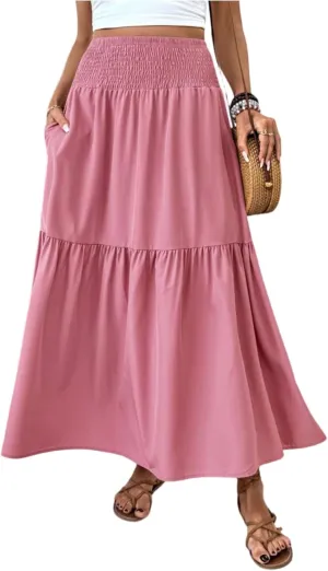 Floral Skirts for Women Summer Loose Casual Trendy Solid Elastic Waist Lightweight Boho Flowy Maxi Skirt, S-XL