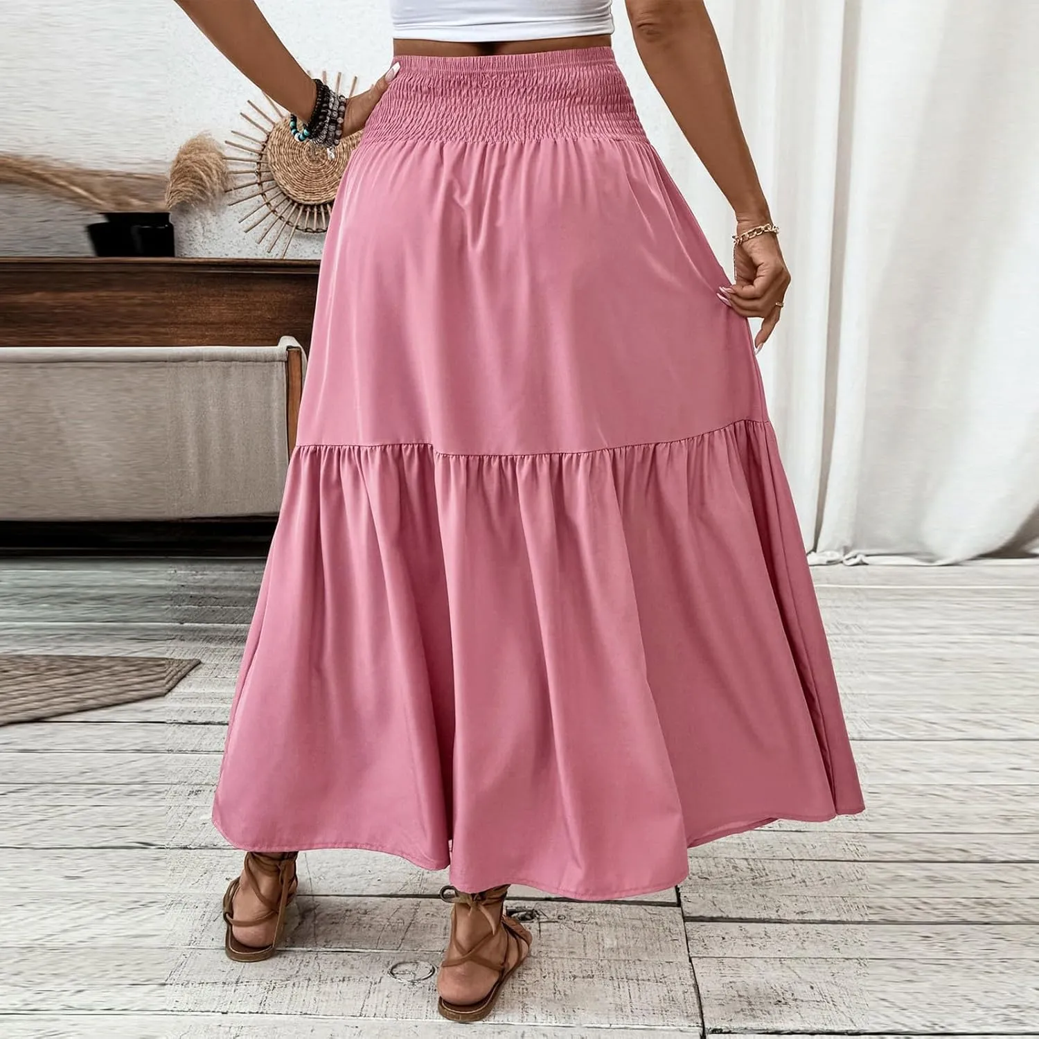 Floral Skirts for Women Summer Loose Casual Trendy Solid Elastic Waist Lightweight Boho Flowy Maxi Skirt, S-XL