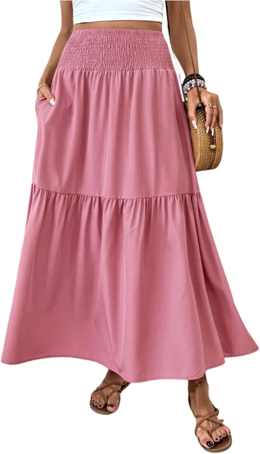 Floral Skirts for Women Summer Loose Casual Trendy Solid Elastic Waist Lightweight Boho Flowy Maxi Skirt, S-XL