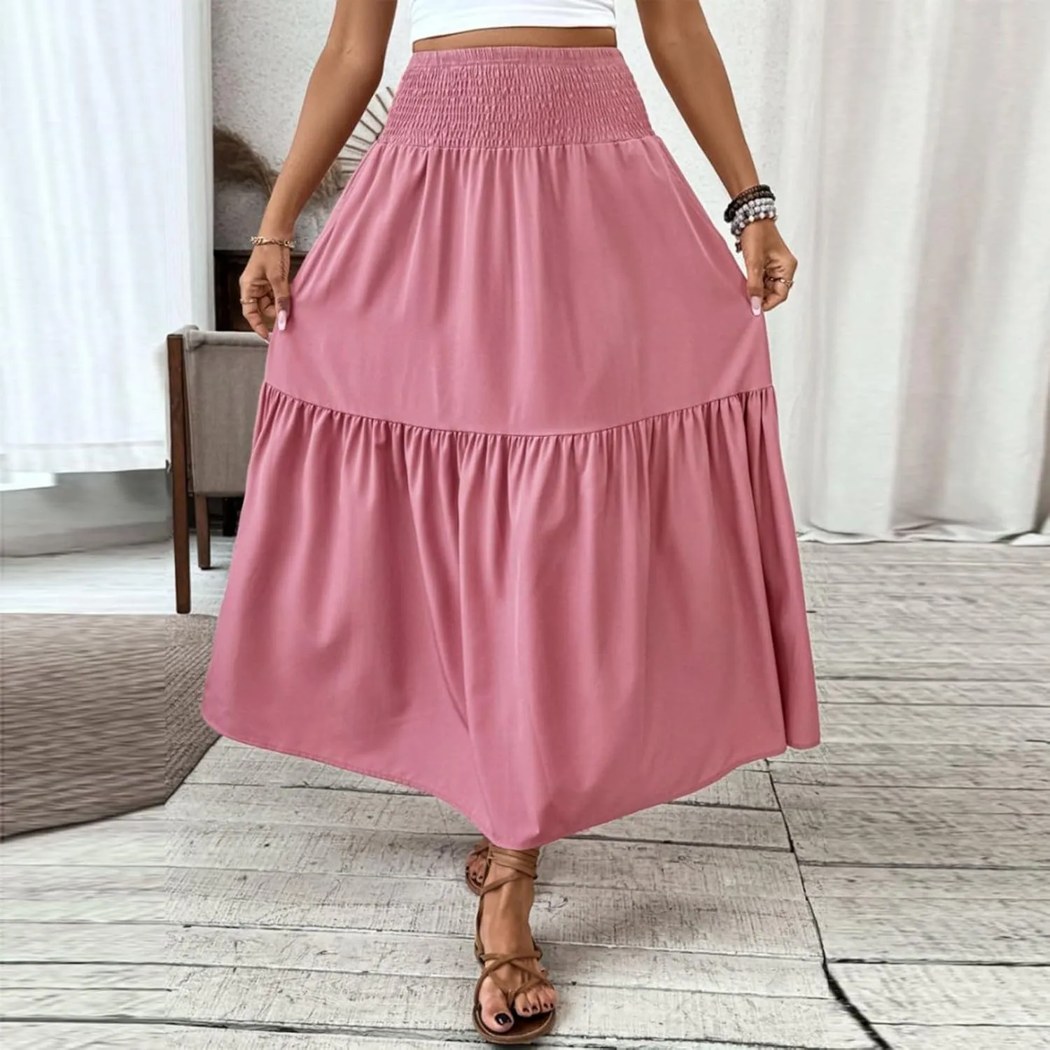 Floral Skirts for Women Summer Loose Casual Trendy Solid Elastic Waist Lightweight Boho Flowy Maxi Skirt, S-XL