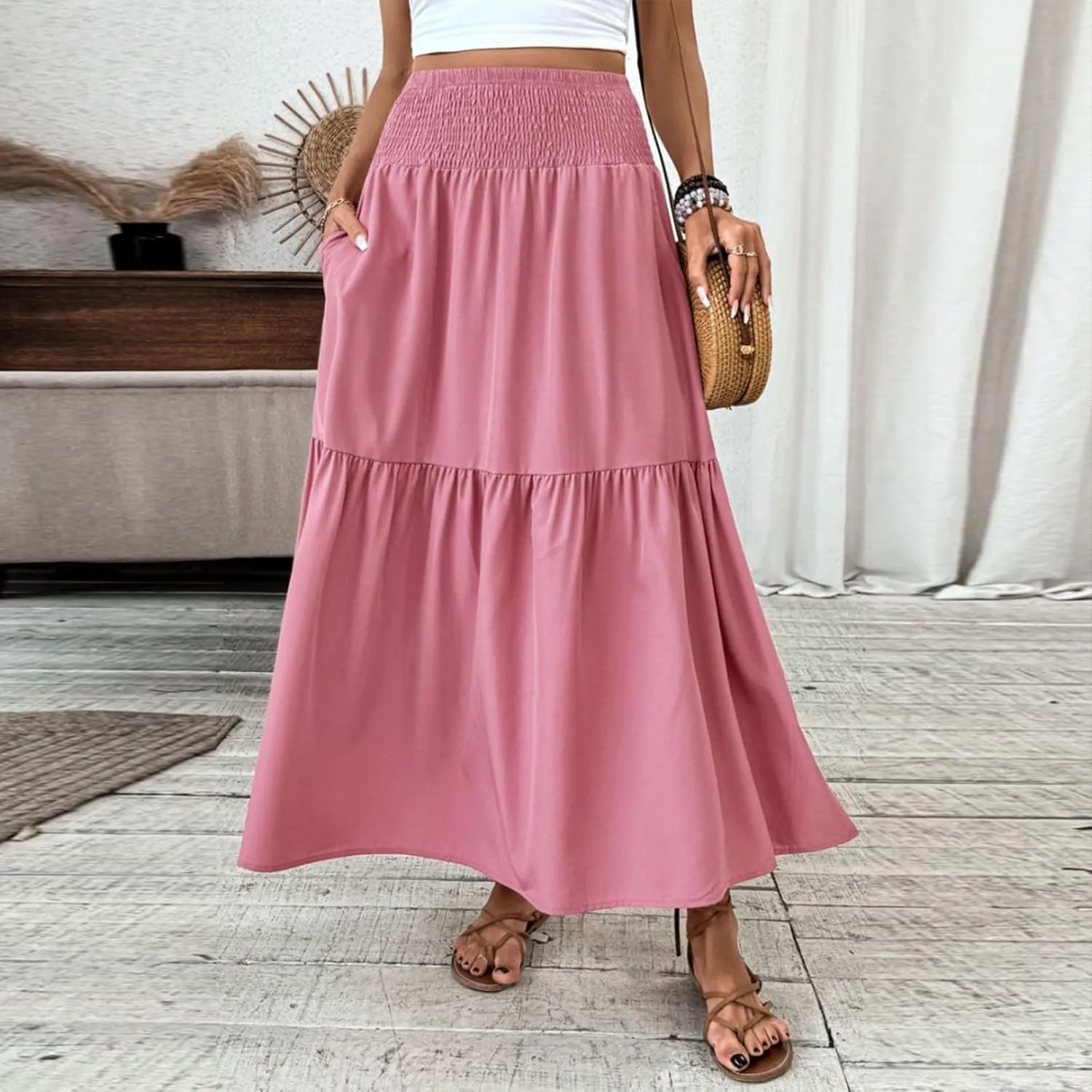Floral Skirts for Women Summer Loose Casual Trendy Solid Elastic Waist Lightweight Boho Flowy Maxi Skirt, S-XL