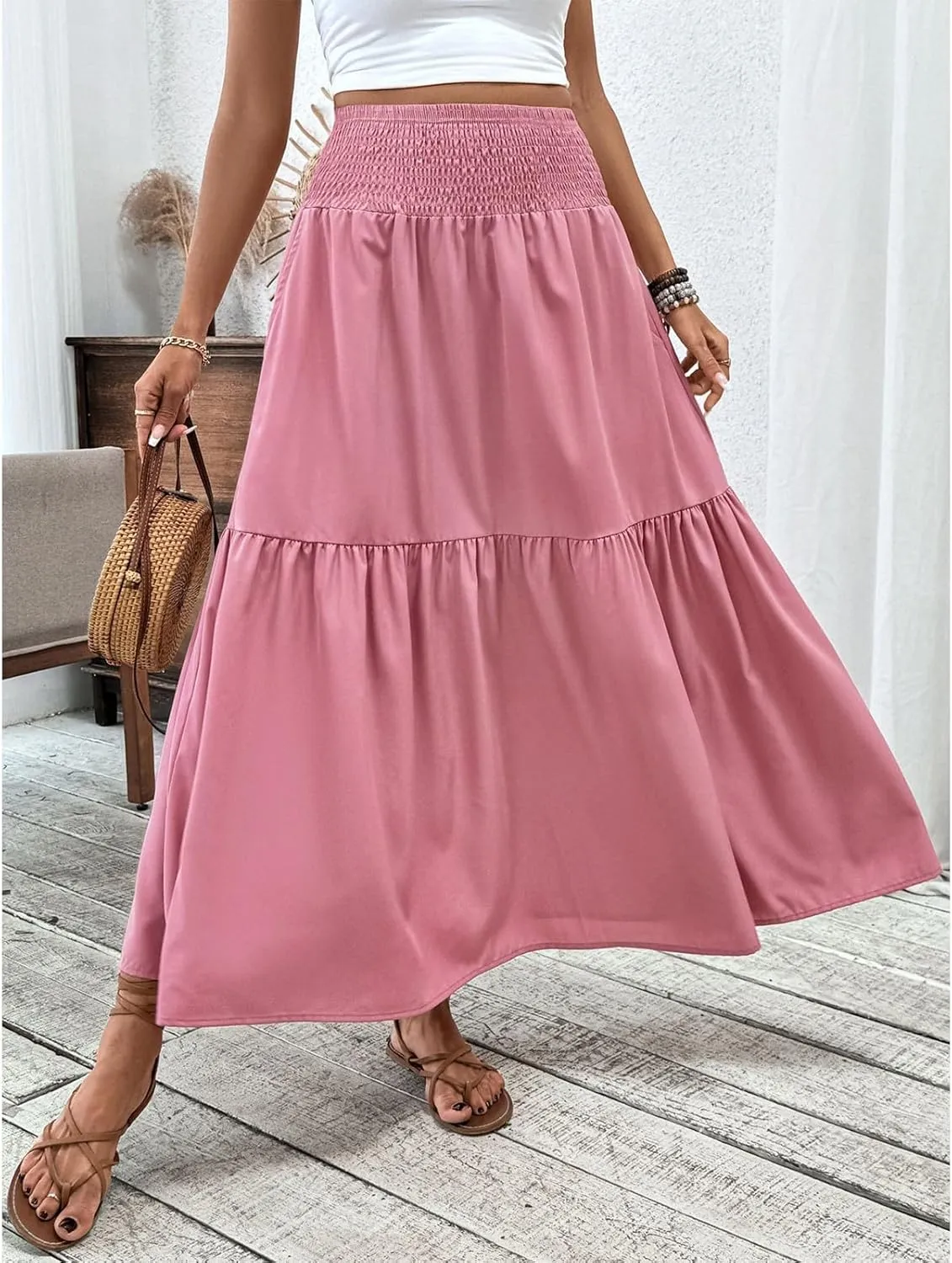 Floral Skirts for Women Summer Loose Casual Trendy Solid Elastic Waist Lightweight Boho Flowy Maxi Skirt, S-XL