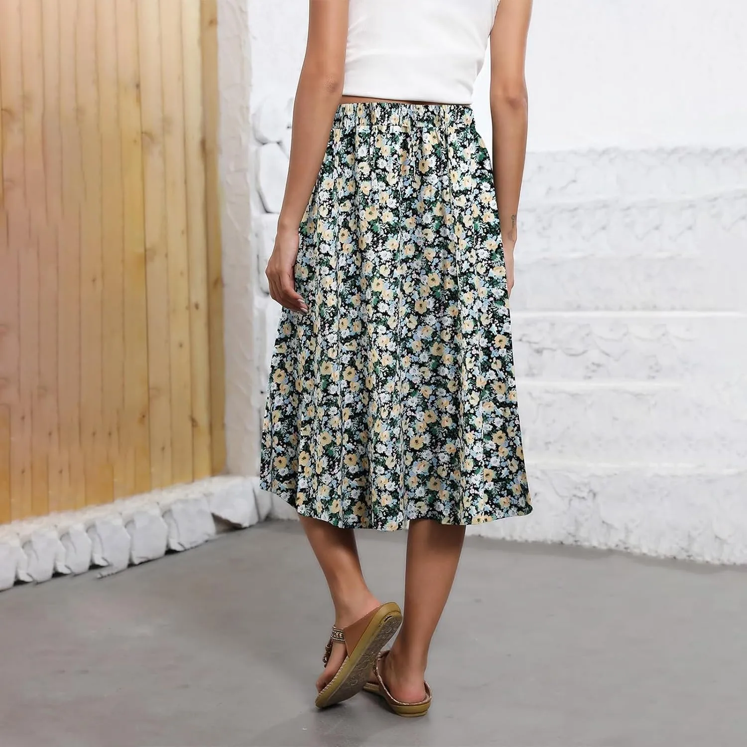 Floral Skirts for Women Trendy Drawstring High Waisted Flowy Boho Midi Skirts Y2k Pleated a Line Skirt with Pockets
