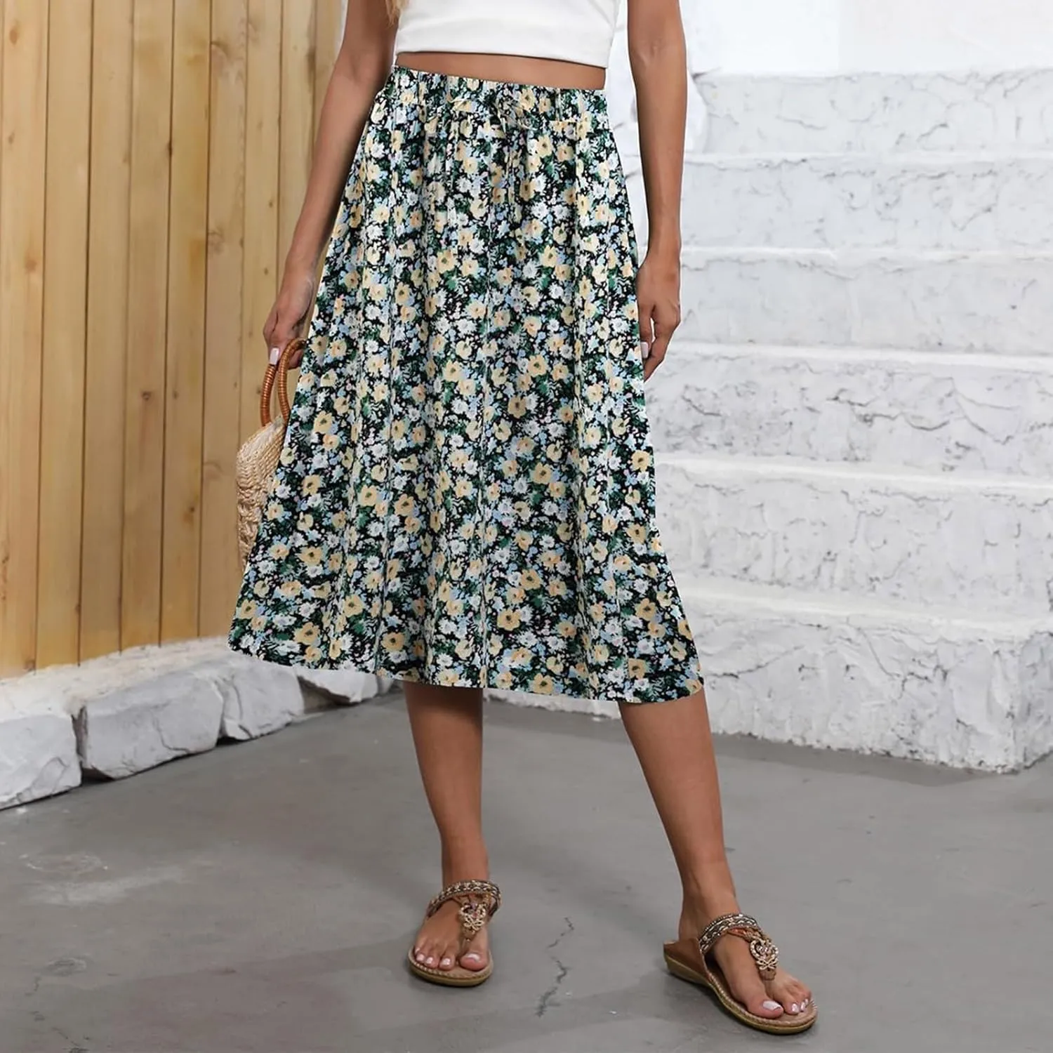 Floral Skirts for Women Trendy Drawstring High Waisted Flowy Boho Midi Skirts Y2k Pleated a Line Skirt with Pockets