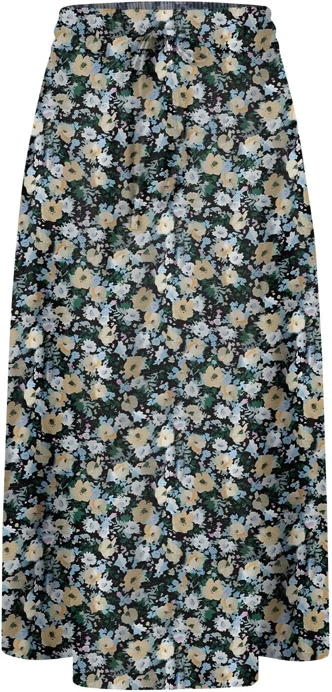 Floral Skirts for Women Trendy Drawstring High Waisted Flowy Boho Midi Skirts Y2k Pleated a Line Skirt with Pockets