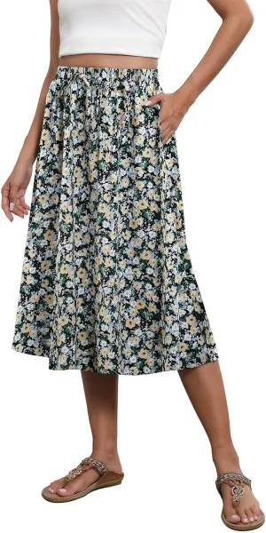 Floral Skirts for Women Trendy Drawstring High Waisted Flowy Boho Midi Skirts Y2k Pleated a Line Skirt with Pockets