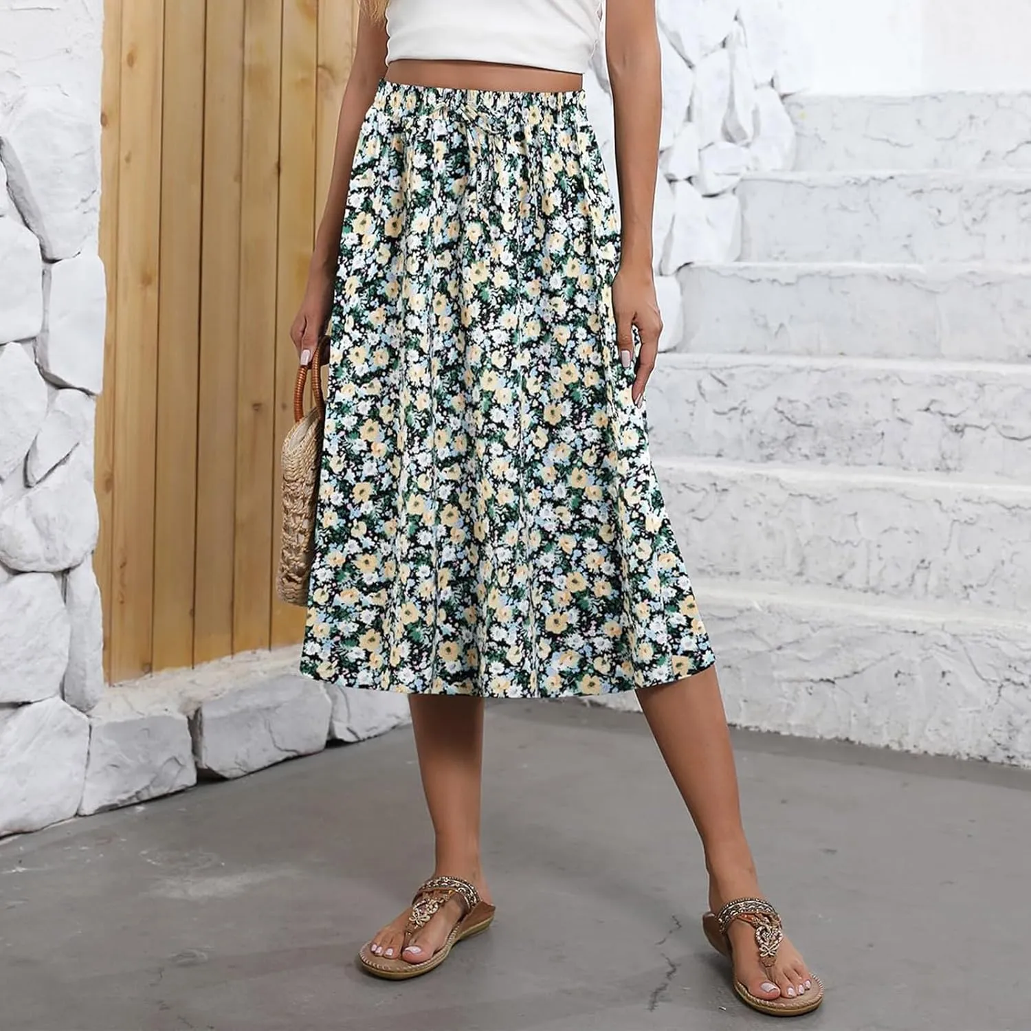 Floral Skirts for Women Trendy Drawstring High Waisted Flowy Boho Midi Skirts Y2k Pleated a Line Skirt with Pockets