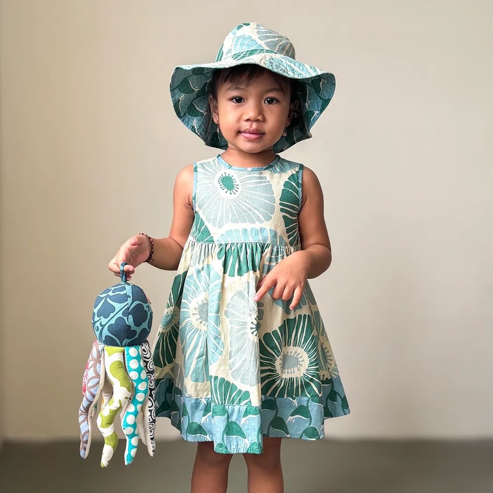 Flowers Green Blue Scrappy Sun Hat, 2 Sizes