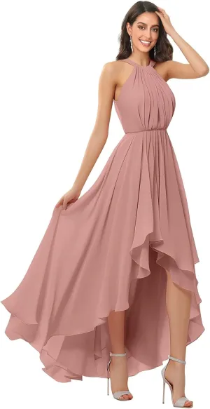 Flowy Chiffon Bridesmaid Dresses for Women Long A-Line Hi-Lo Halter Pleated Formal Evening Dress with Slit