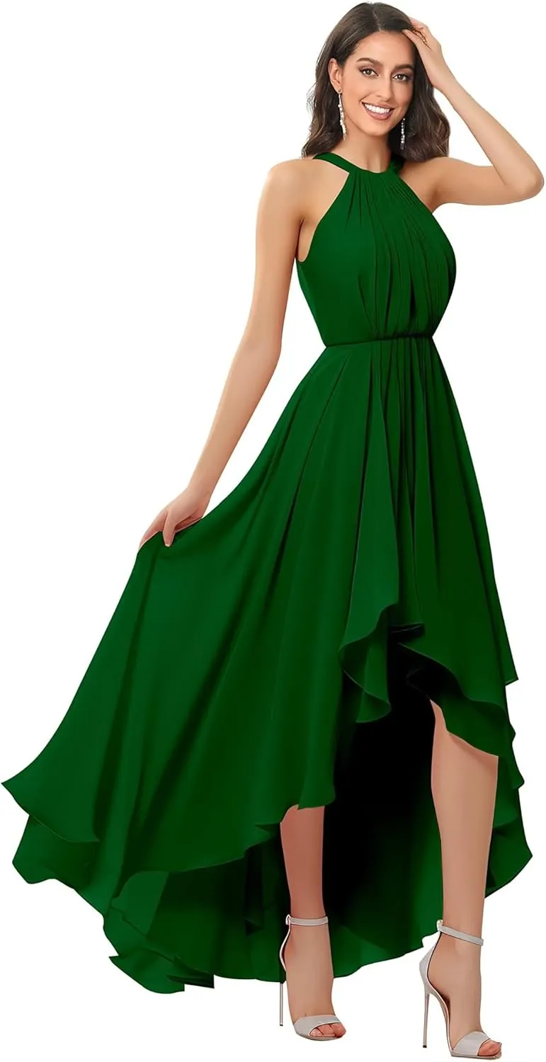 Flowy Chiffon Bridesmaid Dresses for Women Long A-Line Hi-Lo Halter Pleated Formal Evening Dress with Slit