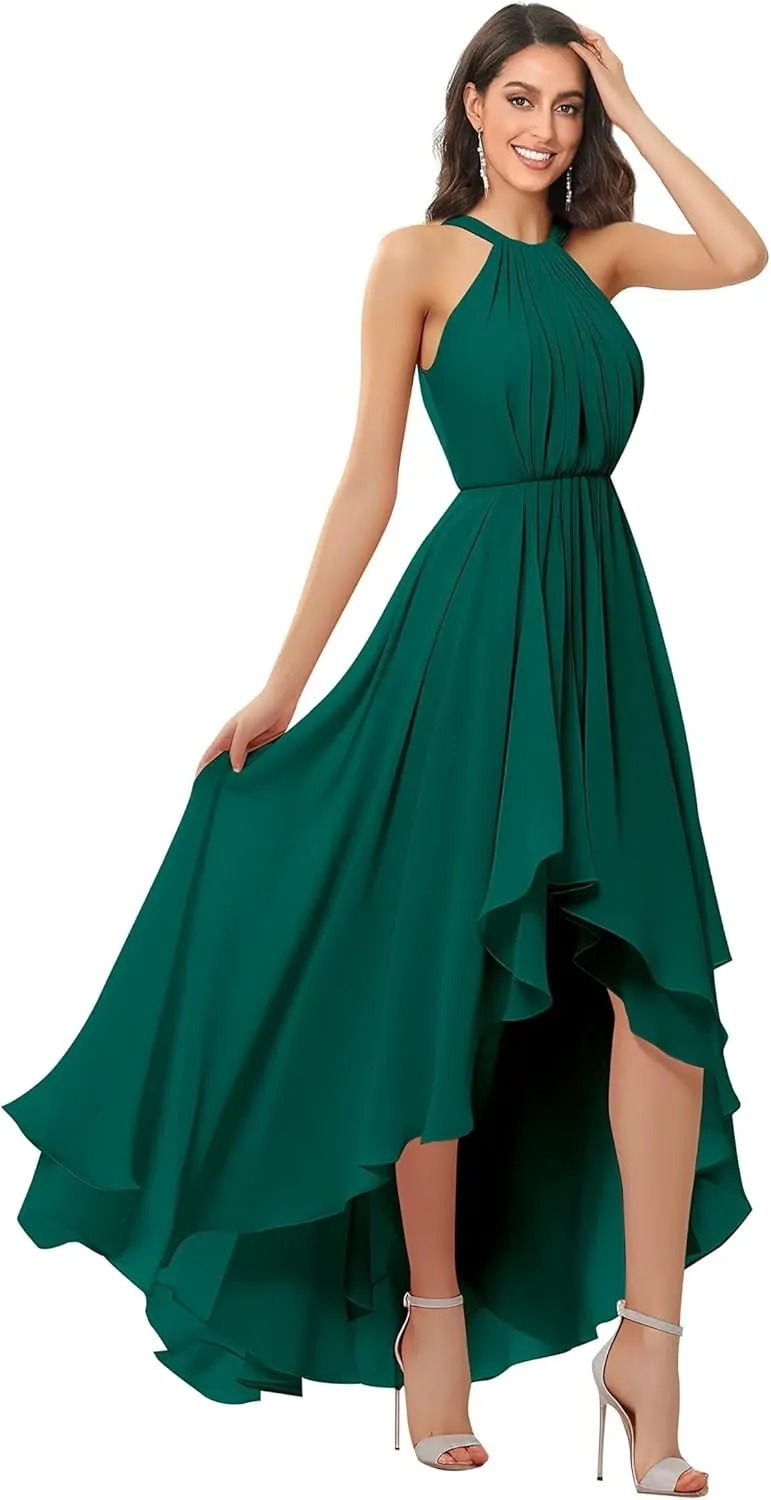 Flowy Chiffon Bridesmaid Dresses for Women Long A-Line Hi-Lo Halter Pleated Formal Evening Dress with Slit