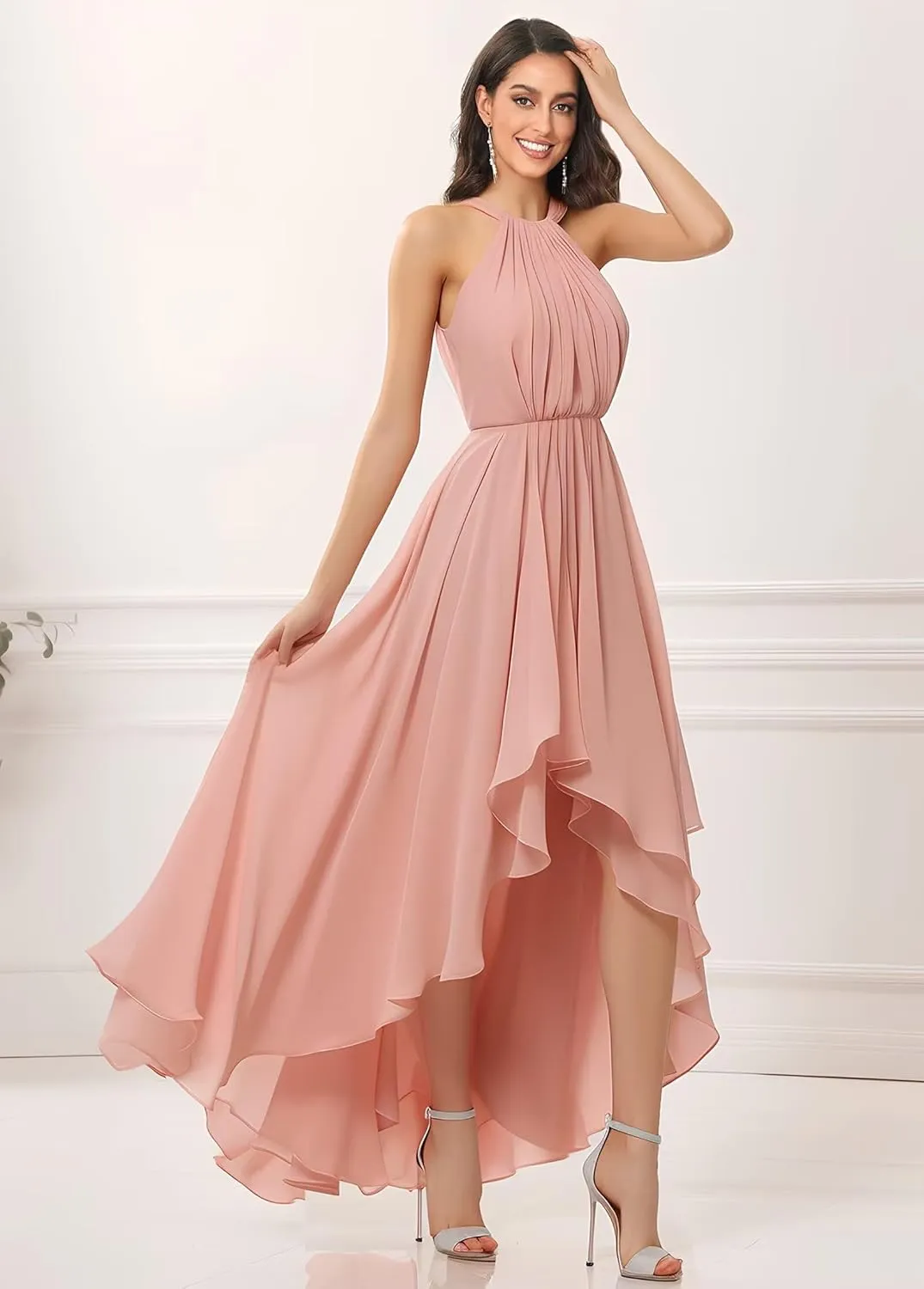 Flowy Chiffon Bridesmaid Dresses for Women Long A-Line Hi-Lo Halter Pleated Formal Evening Dress with Slit