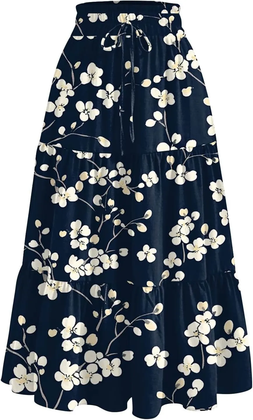 Flowy Skirts for Women High Waist Long A-Line Boho Maxi Skirt for Summer Beach
