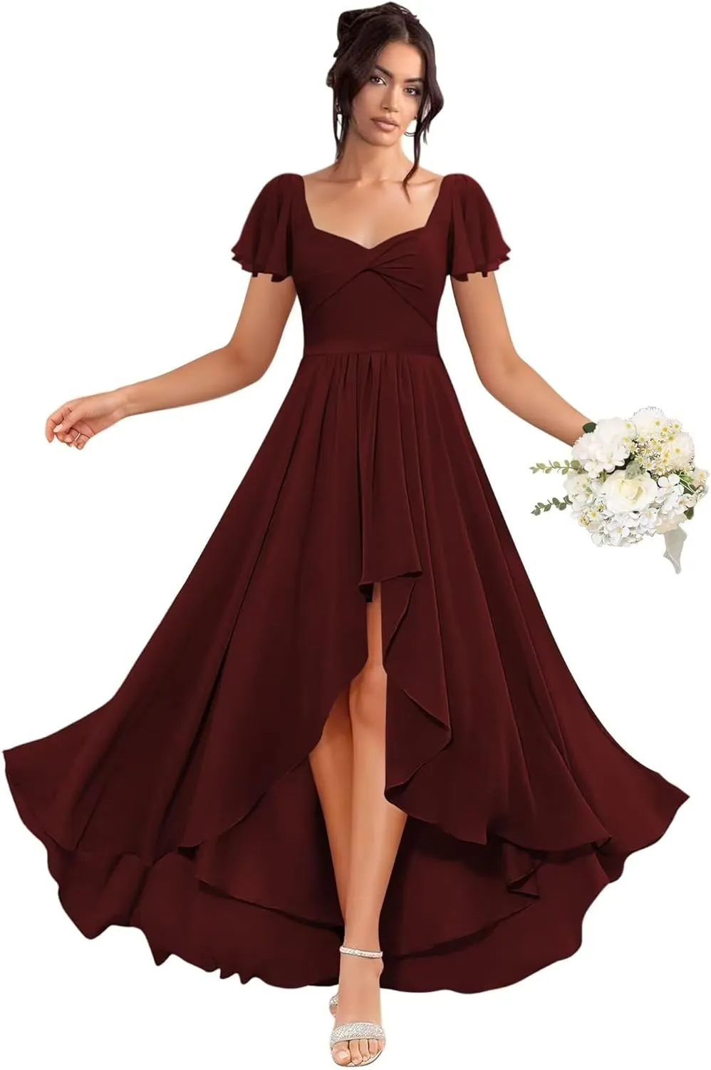 Flutter Sleeve Bridesmaid Dresses for Wedding Pleated Chiffon Square Collar Formal Gowns A-Line Party Dress with Pockets