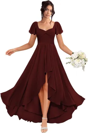 Flutter Sleeve Bridesmaid Dresses for Wedding Pleated Chiffon Square Collar Formal Gowns A-Line Party Dress with Pockets