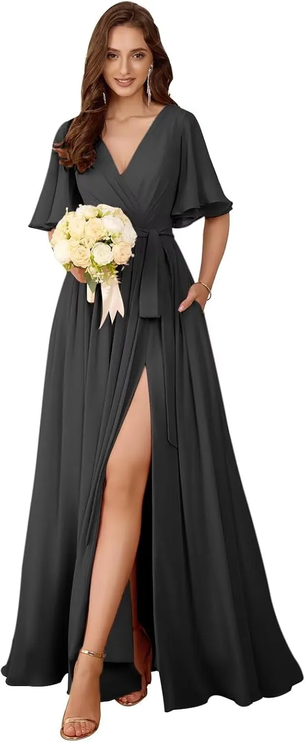 Flutter Sleeve Chiffon Bridesmaid Dresses Long with Pockets Slit V Neck Formal Dress for Women